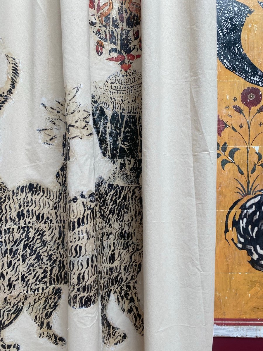138. One Thousand and One Nights: 3 painted panels with pediments, and pair of fabric, printed curtains by Mohammad Barrangi