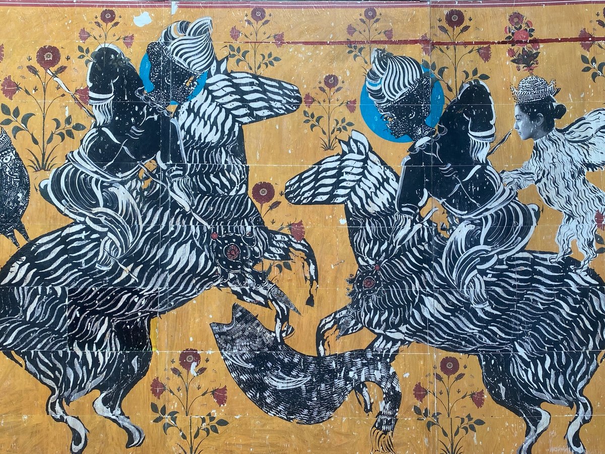 138. One Thousand and One Nights: 3 painted panels with pediments, and pair of fabric, printed curtains by Mohammad Barrangi