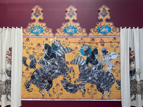 138. One Thousand and One Nights: 3 painted panels with pediments, and pair of fabric, printed curtains, c. 2026 by Mohammad Barrangi
