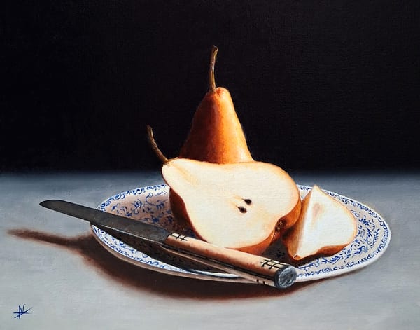 Golden Pears on Blue China by Natasha Baker