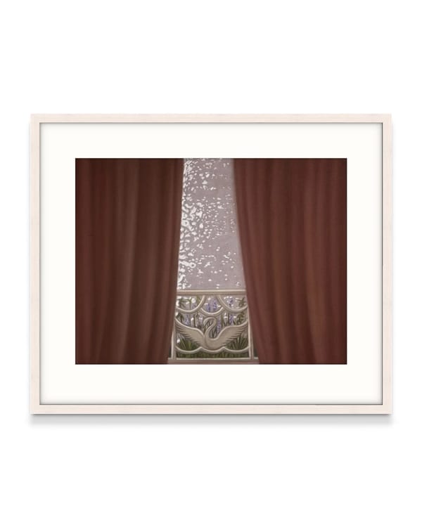 Brown curtains, lavender and swan railing, 2026 by Lucy O’ Doherty
